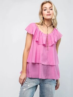 EASEL Bohemian Bubblegum Pink Ruffle Top Size S NWT